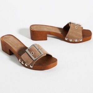 Anthropologie Open Toe Taupe Suede Buckle Sandals
